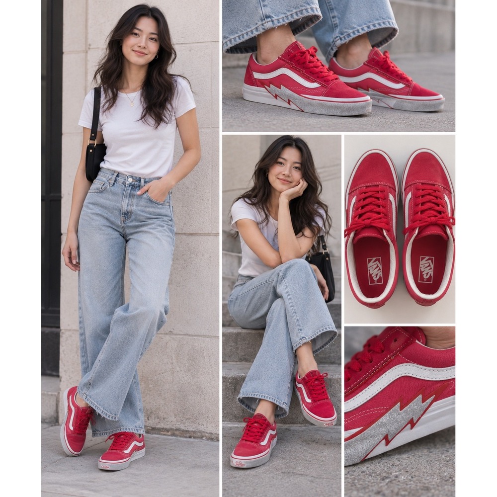 Vans Old Skool Bolt Raspberry Pink Glitter Lightning Shoes Mens 4.5 | Womens 6